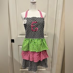 Mud Pie “E” Initial Monogramed Tiered Ruffle Multicolored Polka Dot Apron